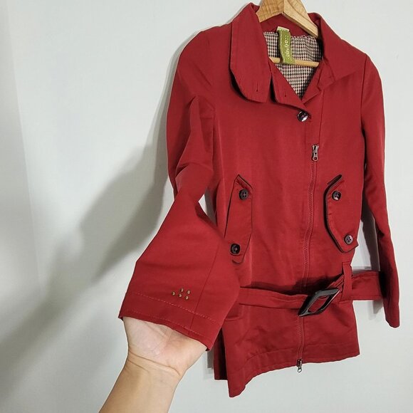 Soia & Kyo Red Cotton Blend Zip Front Casual Trench Jacket Belted Pockets XS/S - Picture 3 of 12